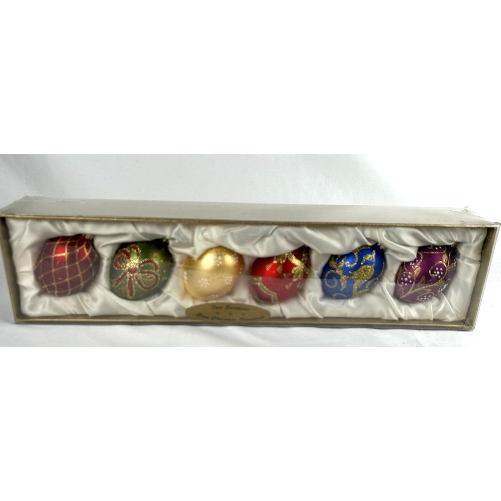 NEW Vintage Egg Shaped Christmas Ornaments Box Of 6 Glitter Faberge Germany
